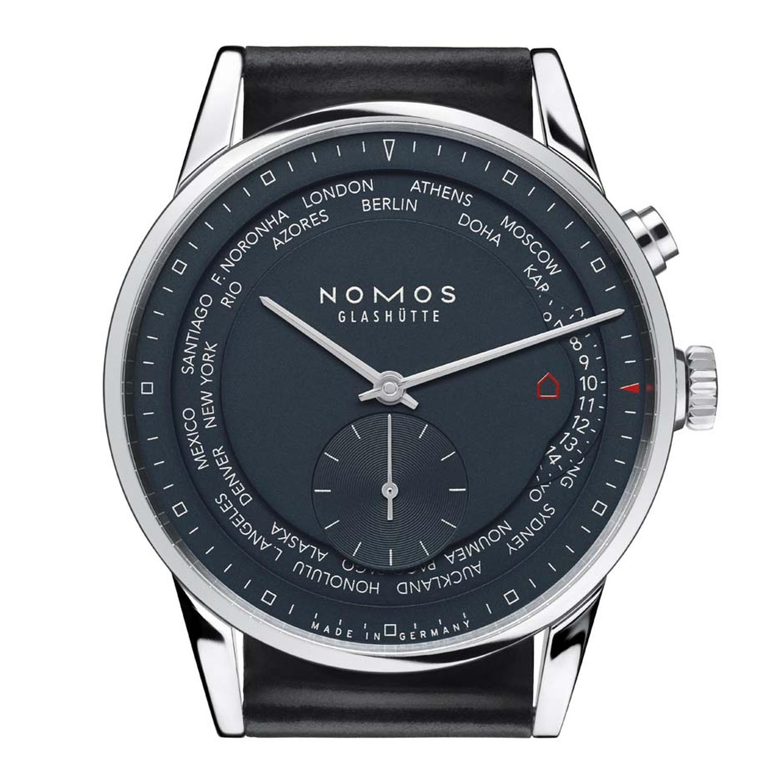 The Nomos Zurich Worldtimer Trueblue watch features 24 time zones on its dial, which can be changed by a simple click. The 39.9mm stainless steel case houses Nomos' innovative swing system calibre, which can be admired through the caseback (£3,850).
