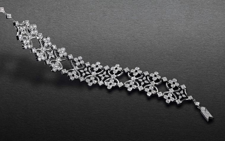 Louis Vuitton Dentelle de Monogram diamond bracelet in white gold. The gold is meticulously crafted to be as flexible as lace itself so that the jewels appear to hover over the skin, catching the light with every move.
