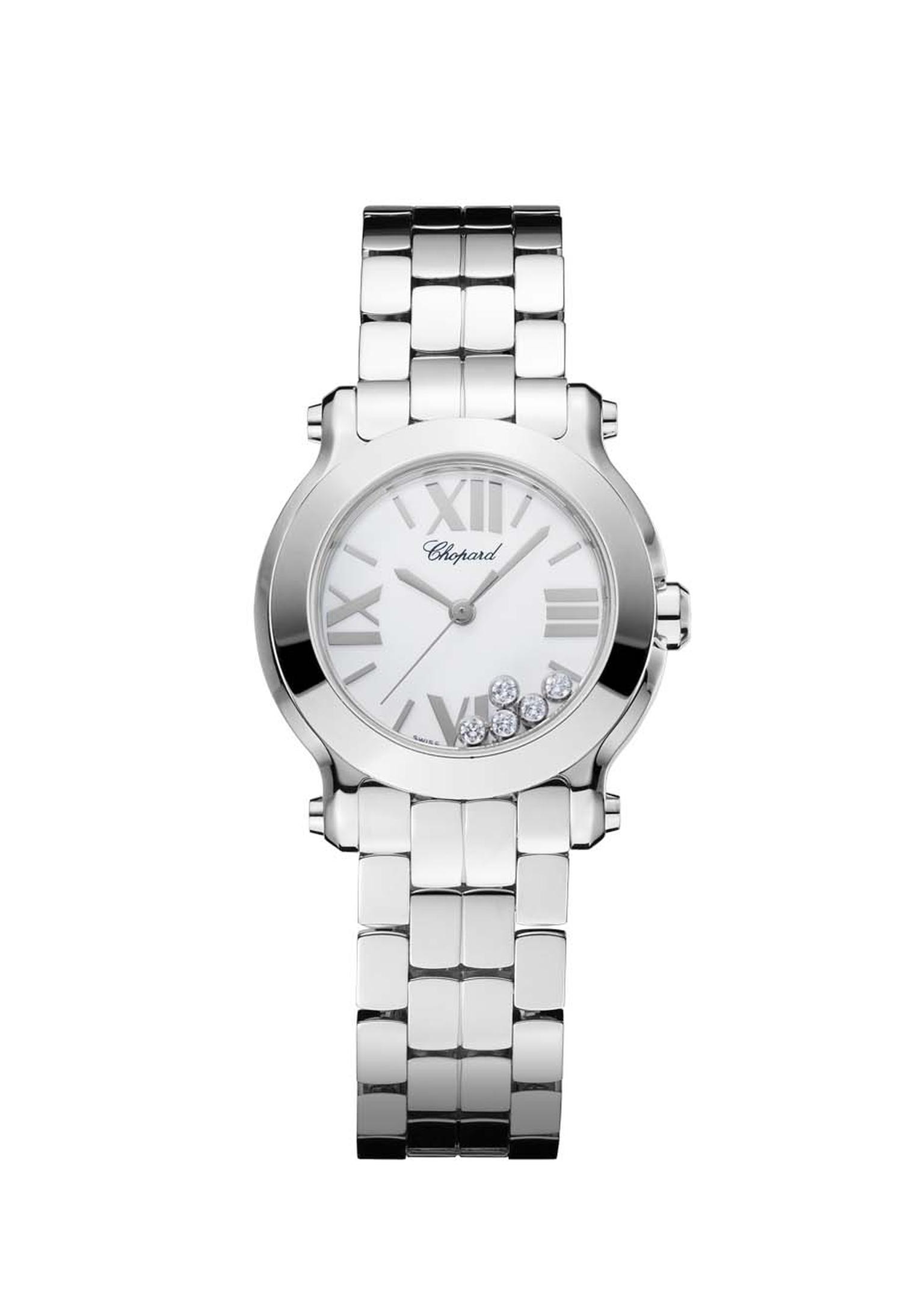 Chopard's Happy Sport Mini watch in stainless steel, with the hallmark five floating diamonds that dance in time to the wearer’s motions, is sporty, practical and sexy (£4,620).