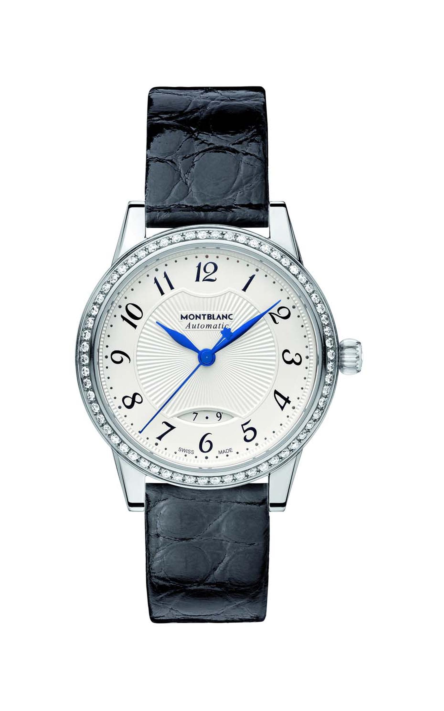 The Montblanc Bohème Date Automatic watch features an elliptical date window at 6 o’clock, with delicate floral Arabic numerals and a sunburst guilloché pattern in the centre, enhanced with a diamond-set bezel (£3,390).