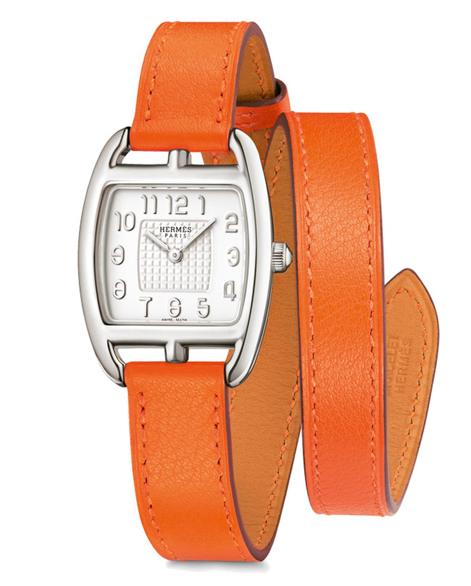 The Cape Cod Tonneau GM Silver watch is made in Hermès’ new patented silver alloy, with a super soft and supple burnt orange Hermès leather strap that wraps twice around the wrist (£2,400).