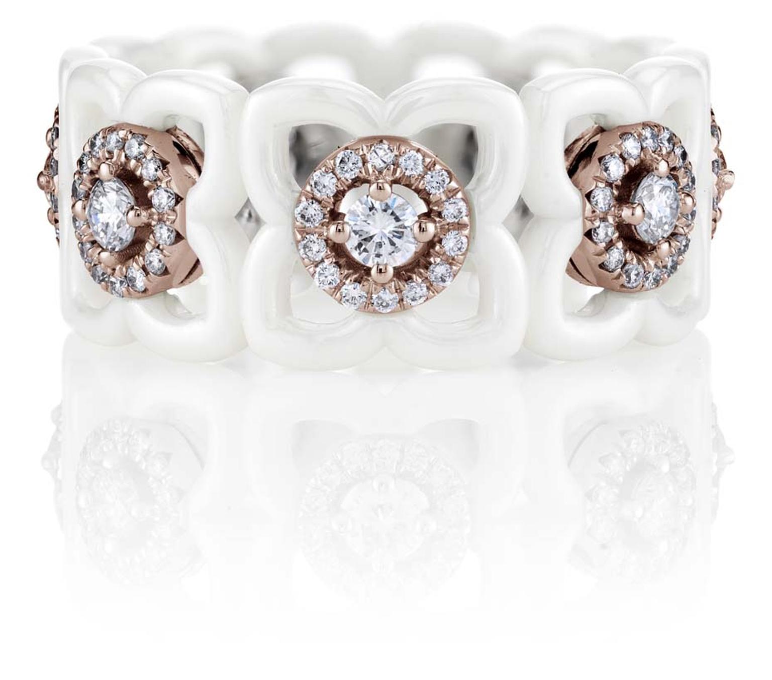 De Beers Enchanted Lotus Daylight ring featuring white ceramic, pink gold and round diamonds.