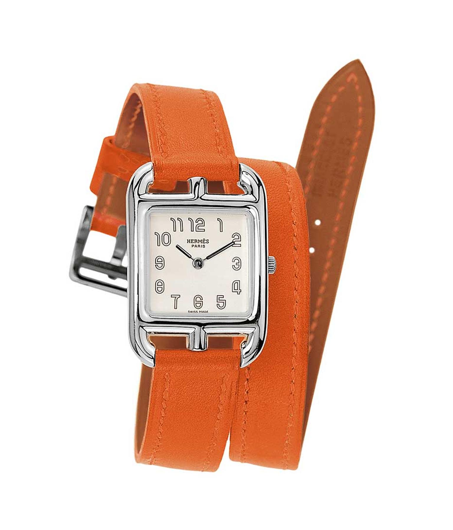 The Hermès Cape Cod Tonneau GM Silver watch is made in Hermès’ new patented silver alloy, with a super soft and supple burnt orange Hermès leather strap that wraps twice around the wrist (£2,400).