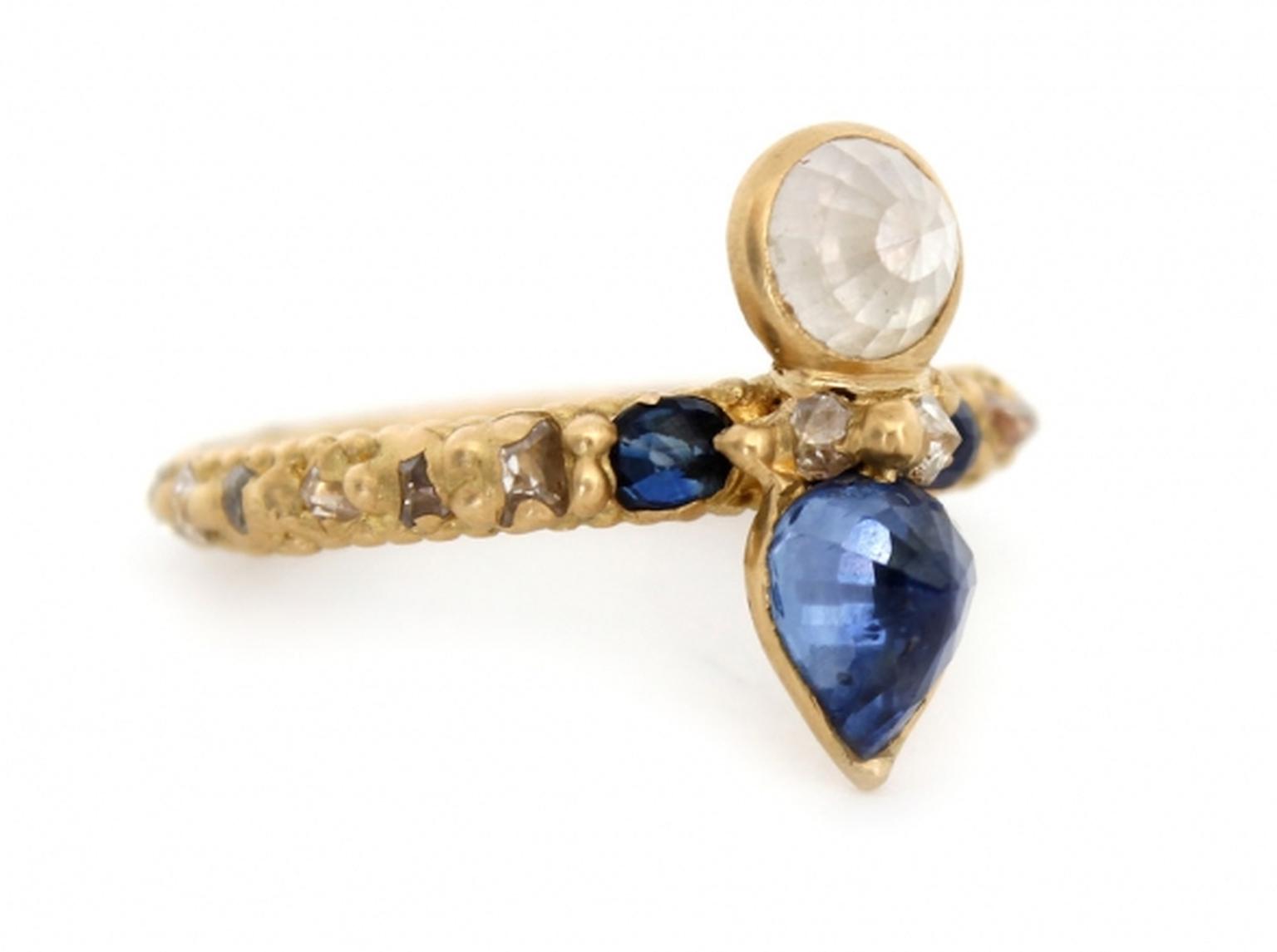 Polly Wales Crowned Moon Beetle ring, set with a white rose-cut diamond above a pear-shaped rose-cut sapphire (£6,380).