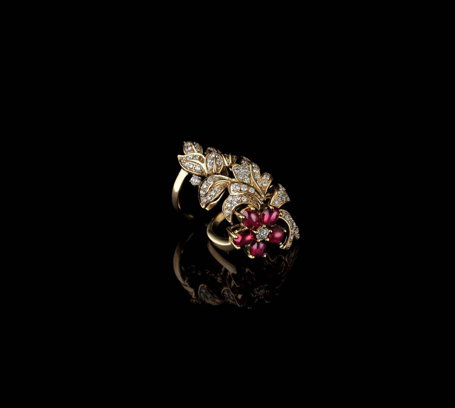 Farah Khan for Tanishq floral motif ruby ring with diamonds set in yellow gold.