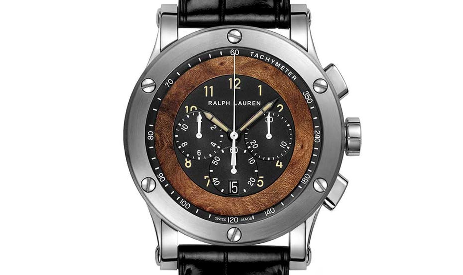 The dial of the Ralph Lauren Automotive Chronograph incorporates brown elm burl wood, the same that is featured on the dashboard of the vintage car.