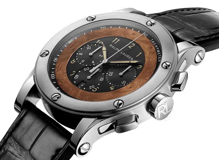 The Ralph Lauren Automotive Chronograph has a black galvanic centre where the time functions, date window and chronograph counters are displayed. Outside the elm burl wood circle is a tachymetre scale used to calculate speed or measure distance.