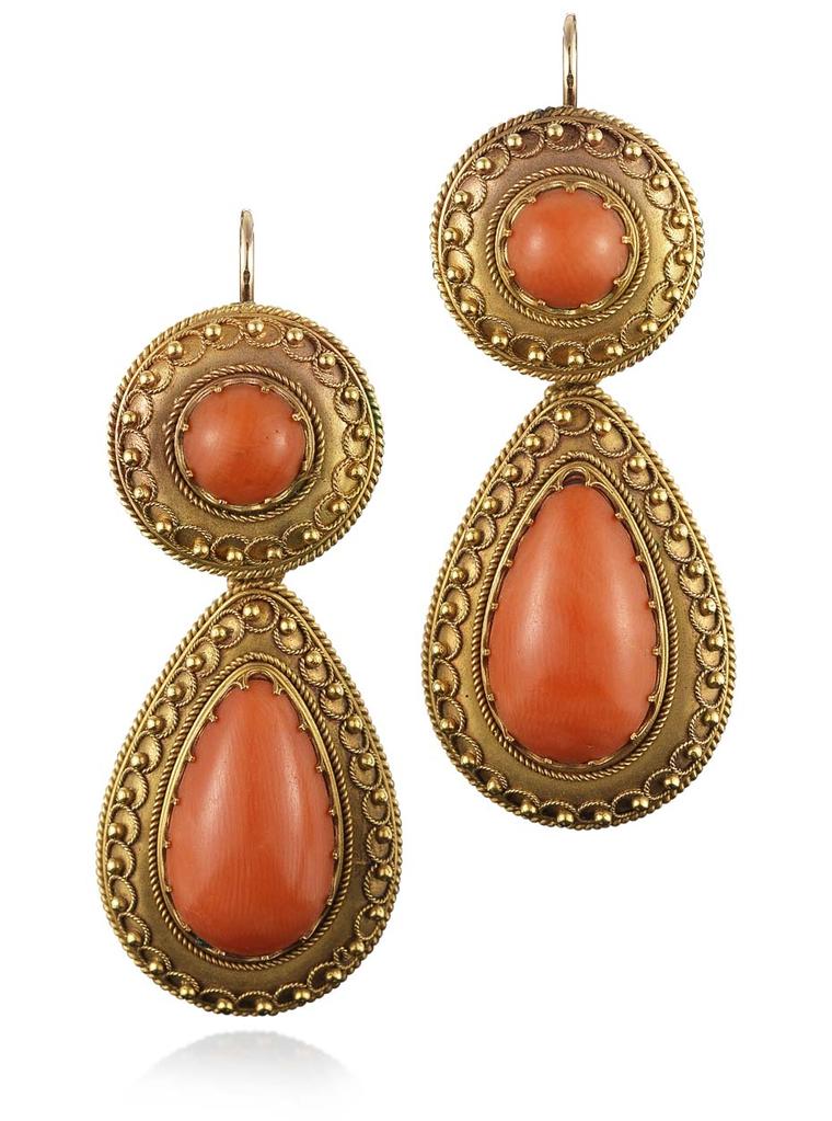 Fred Leighton Etruscan Revival pendant earrings featuring gold and coral, circa 1870 ($7,800).
