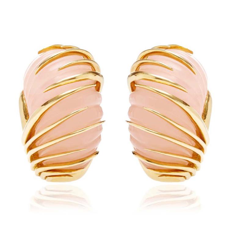 Simon Teakle for Moda Operandi vintage Van Cleef and Arpels earrings featuring a blush-pink of rose quartz with elegant gold tentacles wrapping themselves around the stones ($5,800).