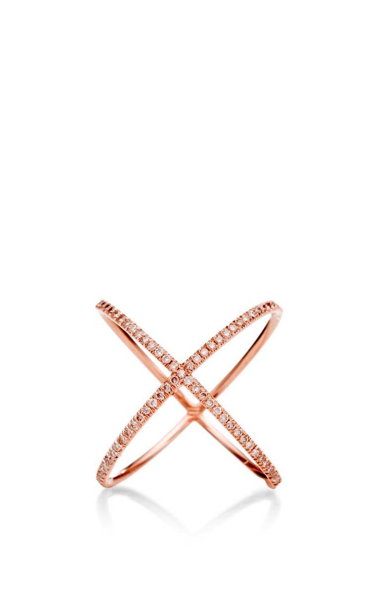 Eva Fehren crisscross rose gold X ring with fancy pink pavé-set diamonds. Exclusive to Moda Operandi ($8,695).