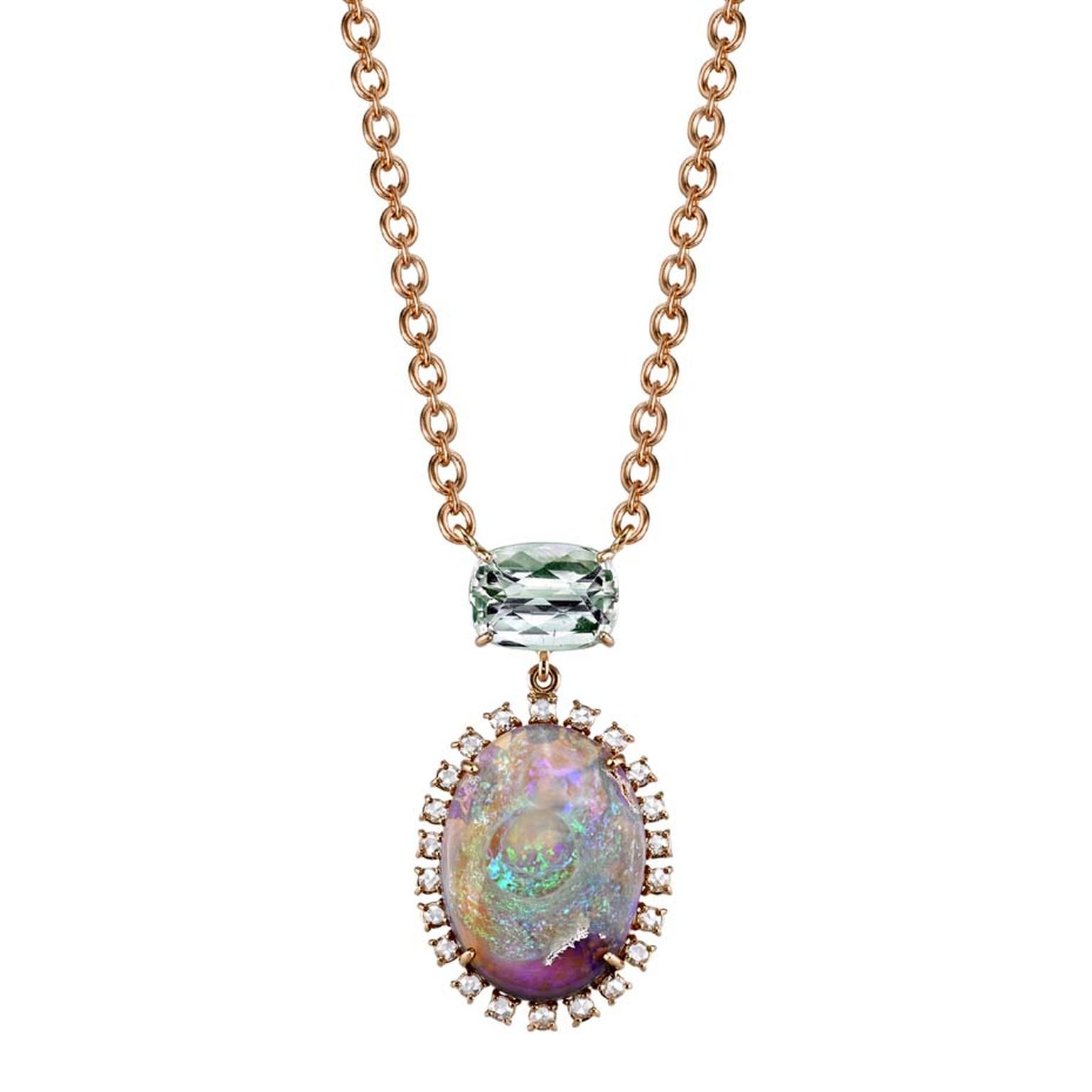 Irene Neuwirth rose gold one-of-a-kind necklace with green tourmaline, Lightning Ridge opal and diamonds ($9,770).