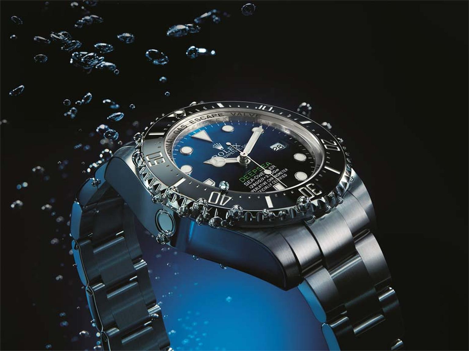 The Rolex 44mm Deepsea Sea-Dweller watch, watertight up to 4,000m, features a lightweight titanium case and a D-Blue dial to represent the changing colours of the sea.