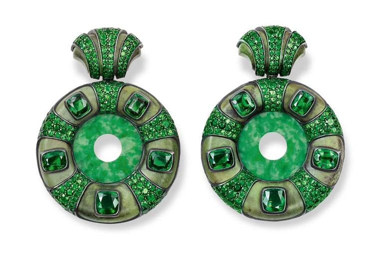 Hemmerle earrings with jade discs and tsavorites in silver and gold.