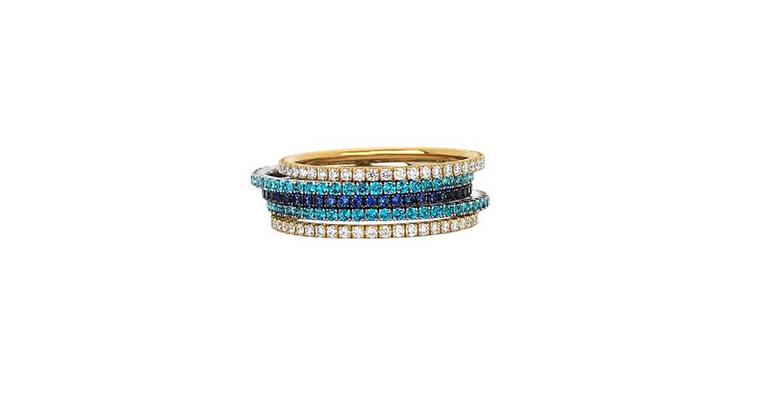 Martin Katz micro-pavé bands with diamonds, sapphires and blue topaz.