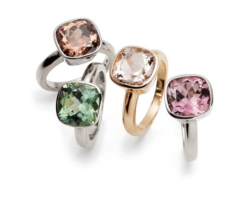 CADA Roma rings in, left to right, white gold with zircon, white gold with green tourmaline, rose gold with morganite and white gold with pink tourmaline.