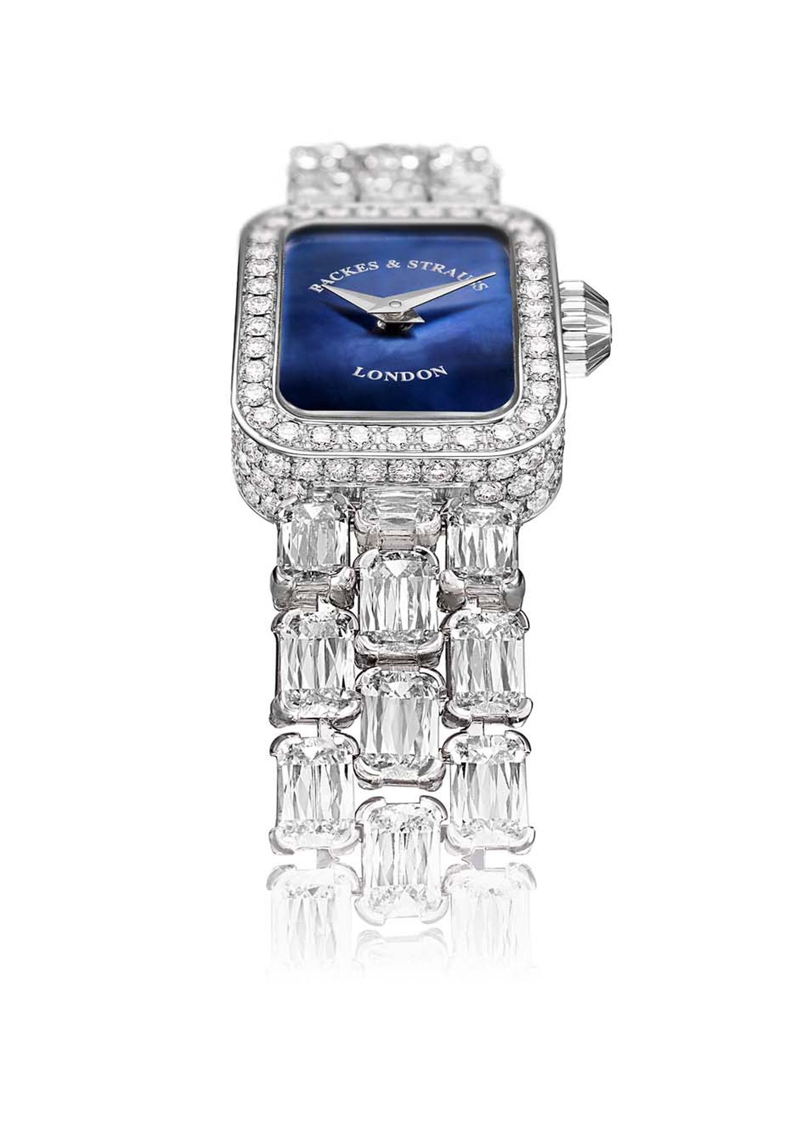 Designed to disperse the light with a fiery brilliance, the Backes & Strauss Royal Ashoka Empress watch incorporates 92 Ashoka diamonds on the bracelet.