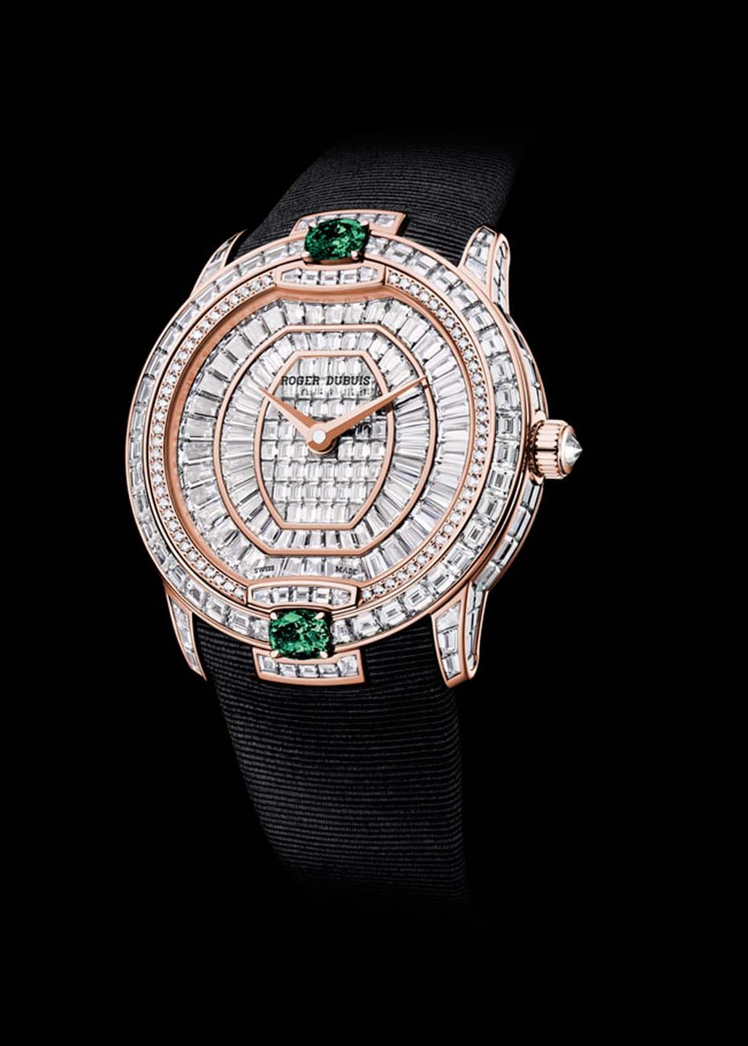 Roger Dubuis Velvet Haute Joaillerie watch in pink gold with 367 baguette and brilliant-cut diamonds and two striking emeralds.
