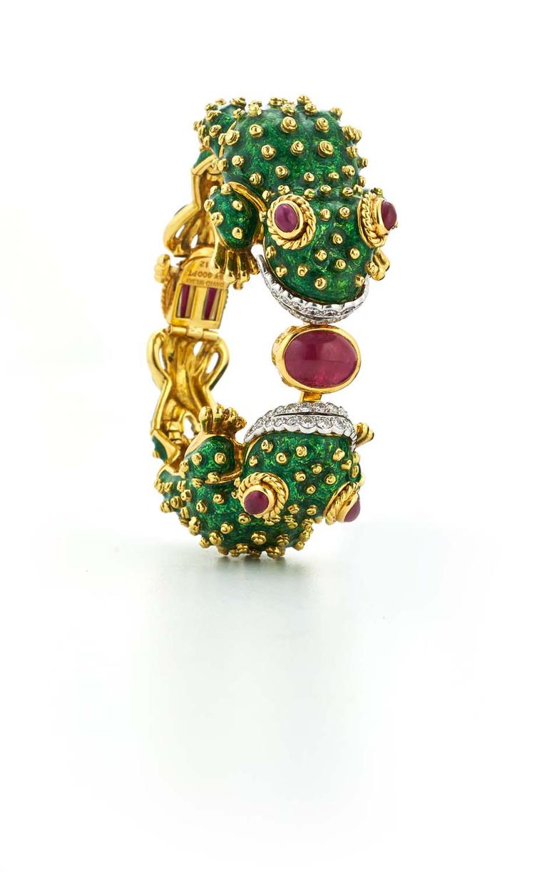 David Webb gold Frog bangle with green enamelling, rubies and diamonds.