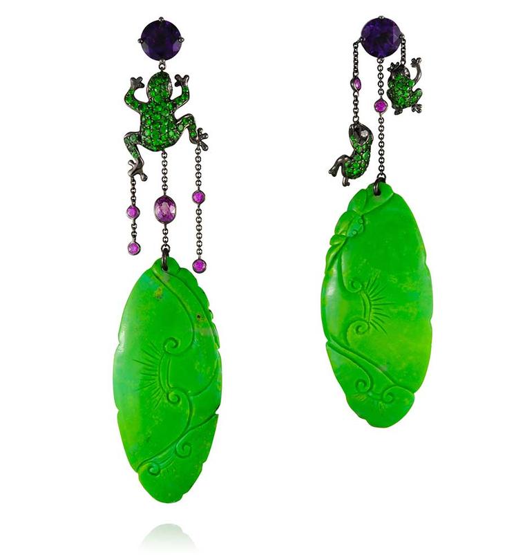 Lydia Courteille earrings in gold with green turquoise, amethysts and tsavorites.
