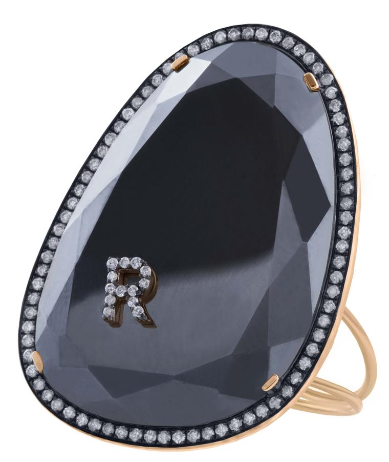 Christina Debs ring with hematite and silver diamonds in pink gold from the Initials collection, which can be personalised with the letter of your choice.