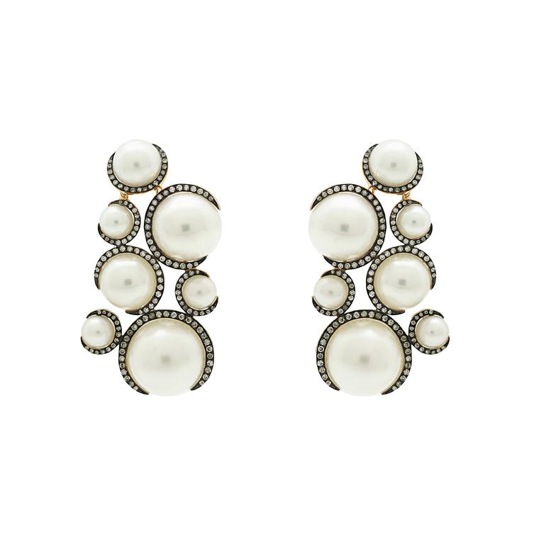 Christina Debs pearl earrings with brown diamonds in rose gold, from the Candy Pop collection.