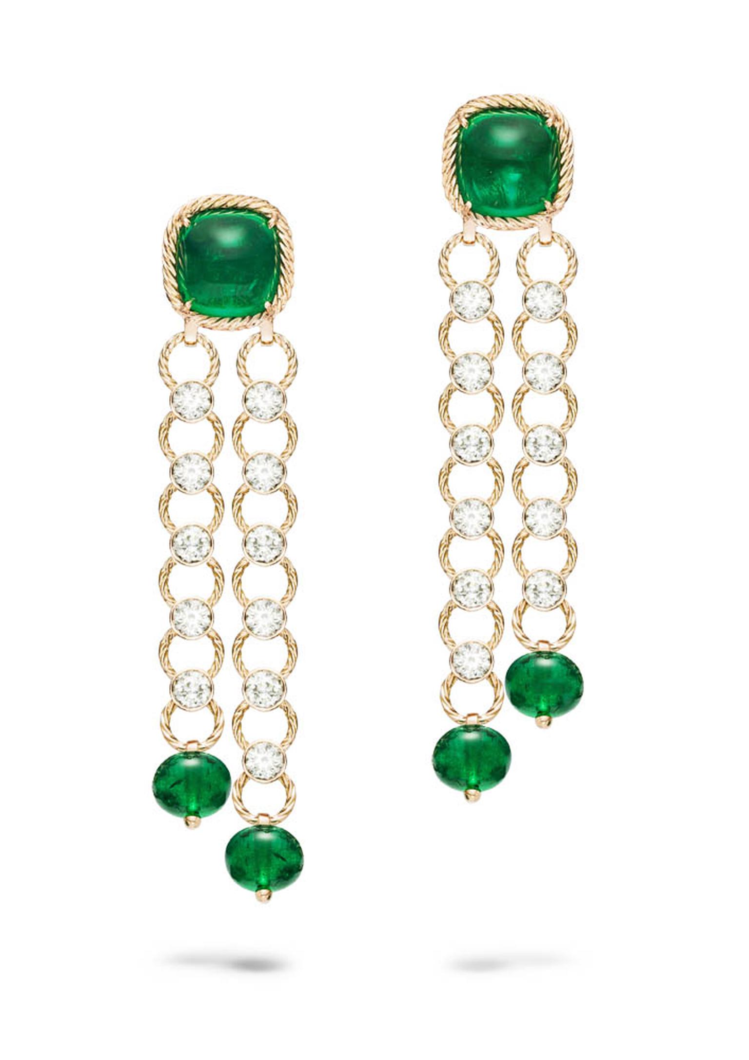 Extremely Piaget earrings in pink gold, set with sugarloaf emeralds, emerald beads and diamonds.