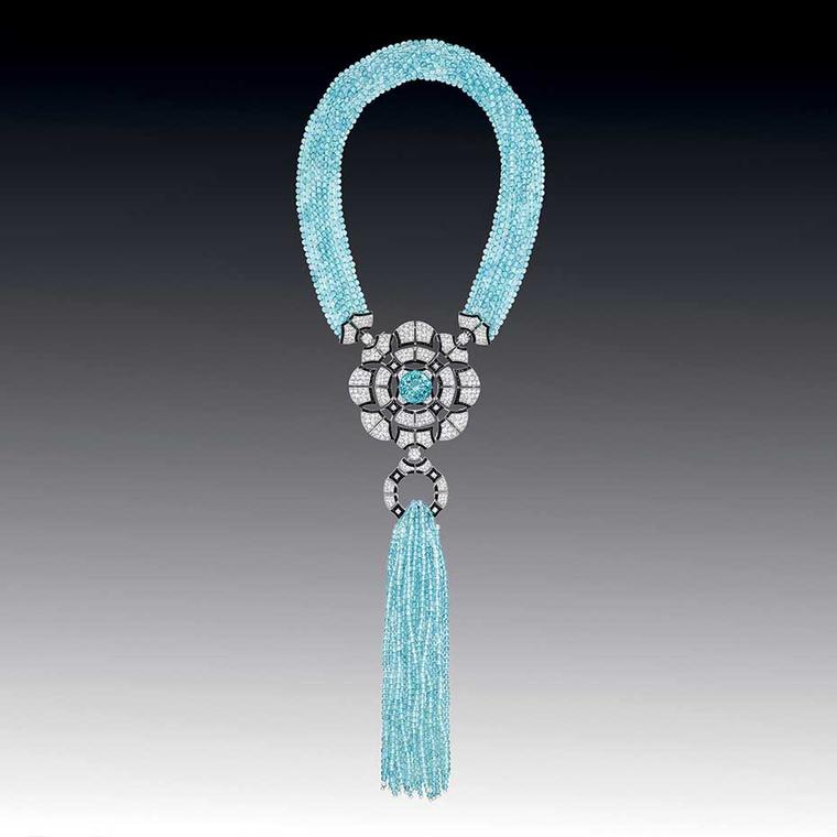 Chanel Café Society Cruise necklace set with a 28.30ct brilliant-cut aquamarine, diamonds, aquamarine beads and black spinels.