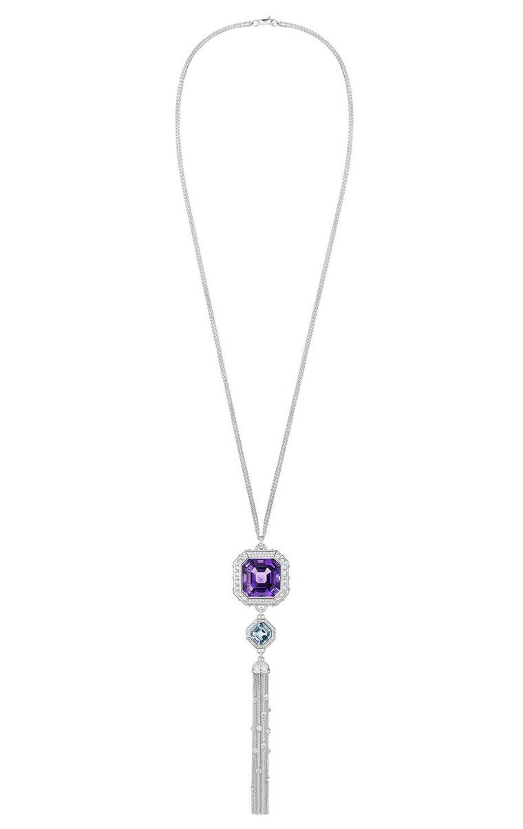 One-of-a-kind Louis Vuitton Emprise tassel necklace with a 50-60ct amethyst, complemented by an aquamarine.