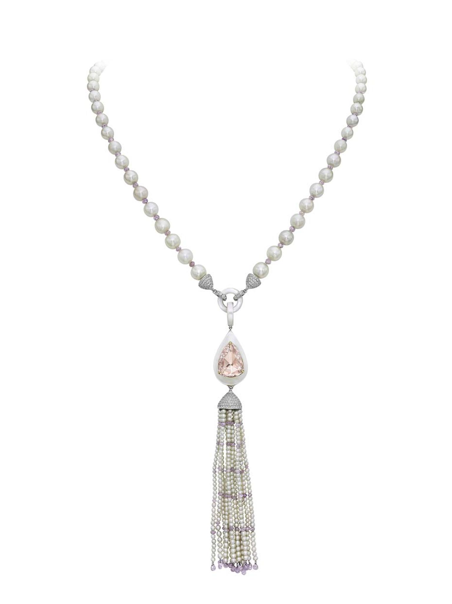 Boghossian tassel necklace featuring a 5.00ct pink diamond inlaid into mother-of-pearl, a necklace of natural saltwater pearls and briolette-cut pink diamonds with seed pearls on the tassels.