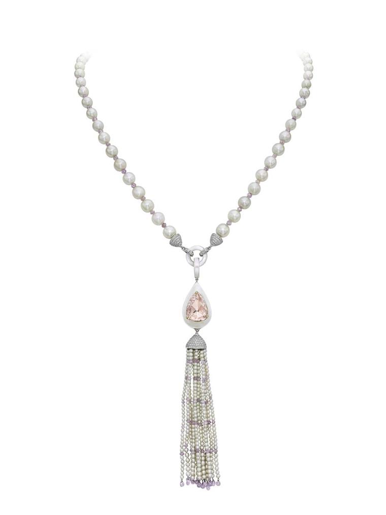 Boghossian tassel necklace featuring a 5.00ct pink diamond inlaid into mother-of-pearl, a necklace of natural saltwater pearls and briolette-cut pink diamonds with seed pearls on the tassels.