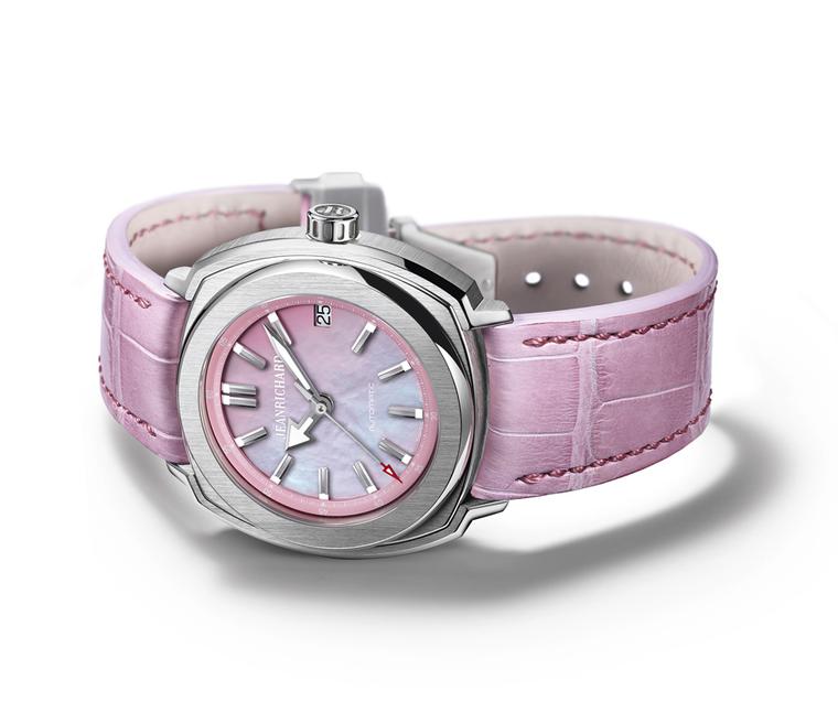 The JeanRichard Terrascope ladies' watch with a pink mother-of-peal dial, pink flange and pink alligator strap is proof positive that pink is not just a colour for Barbies. With its tiered, 39 mm stainless steel case, the watch fuses its innate sporty spi