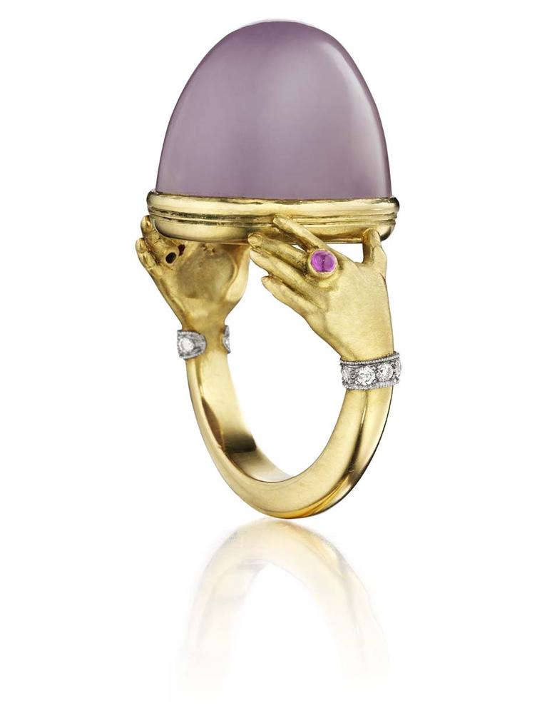 Anthony Lent Anatomy collection Adorned Hands ring featuring lavender chalcedony, diamond and cabochon ruby, set in gold.