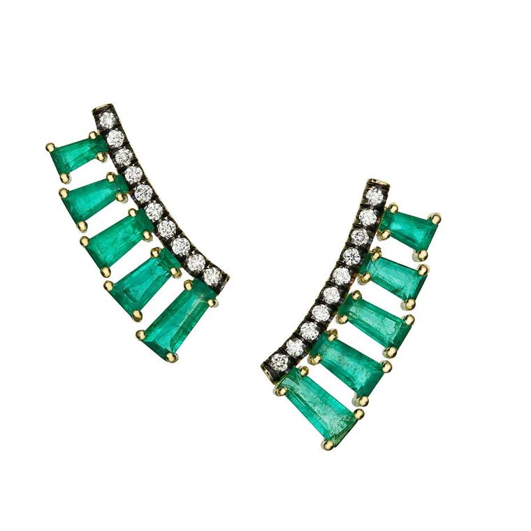 Jemma Wynne Covet ear cuffs with baguette-cut emeralds and brilliant-cut diamonds.