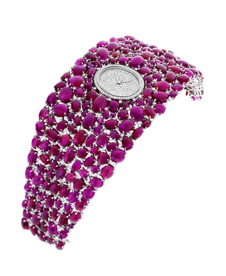 Showered with 214 Burmese cabochon-cut rubies, together with 419 diamonds used as accents in-between, the DeLaneau Grace Rubies watch bursts with rich colour.