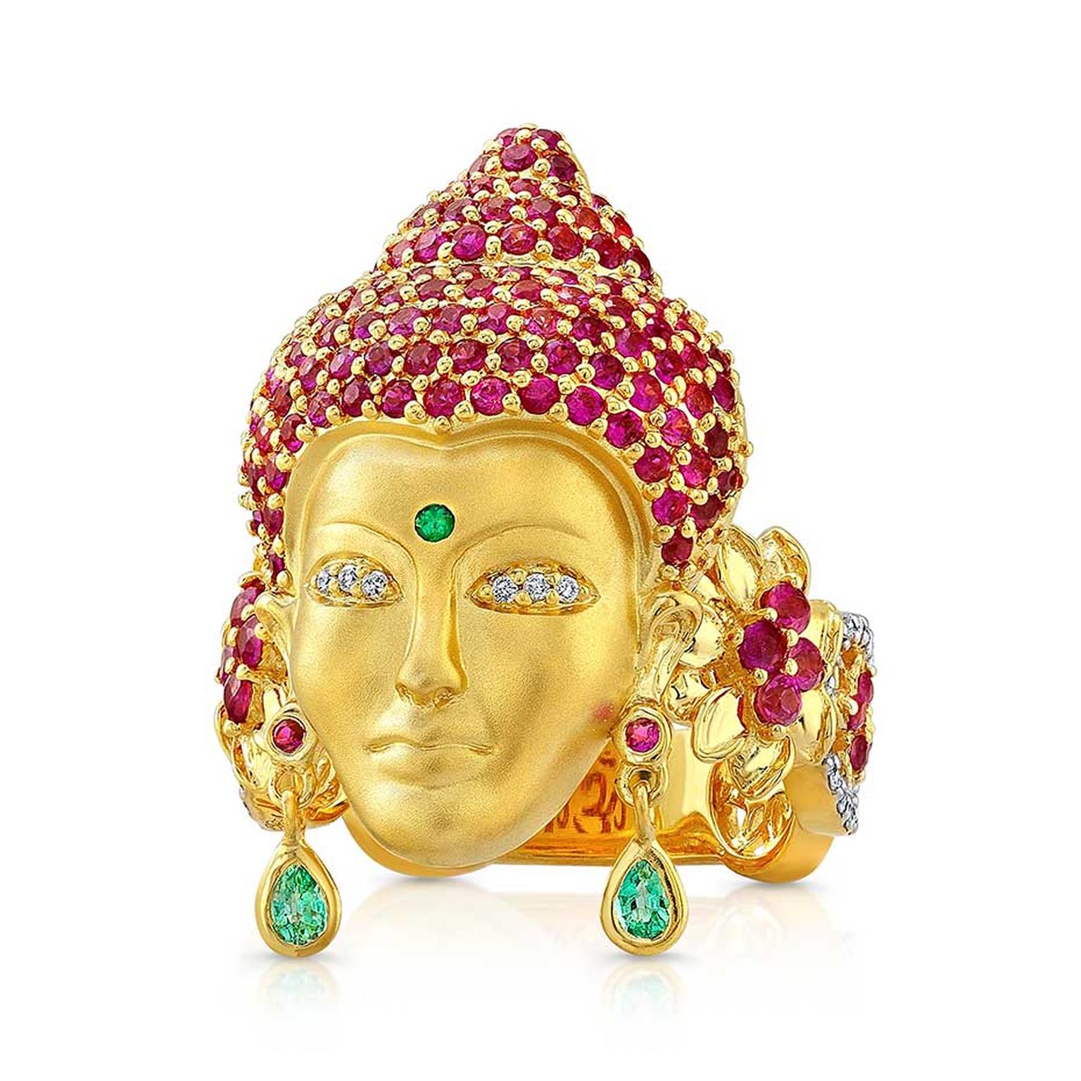 Buddha Mama gold ring with pink sapphires and emeralds.