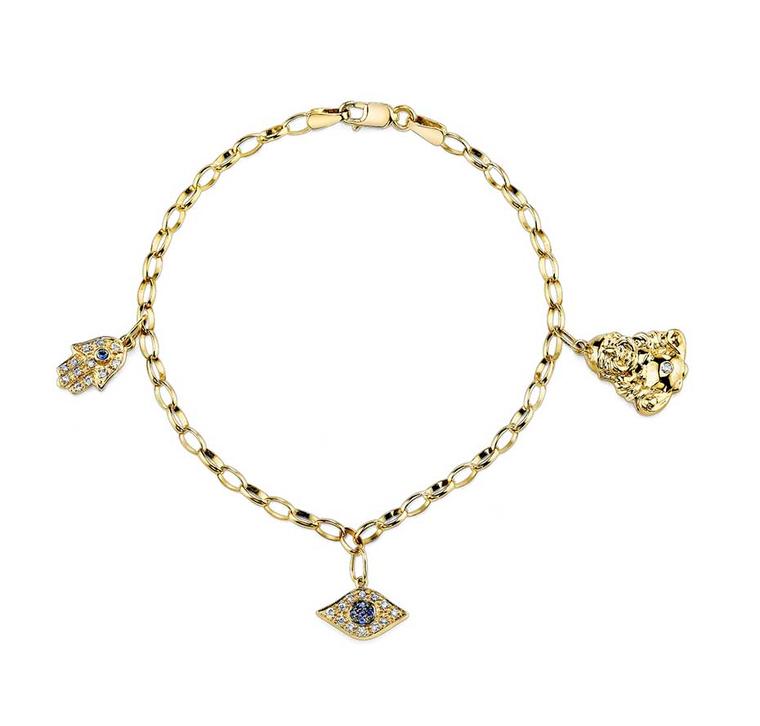 Sydney Evan Lucky Charm bracelet in gold with diamonds and sapphires.