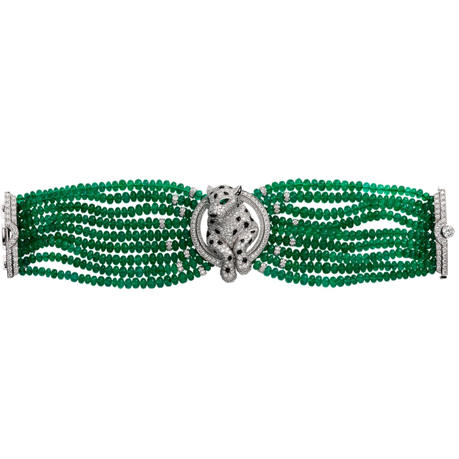 Cartier paid tribute to its famous feline, the Panther, who celebrated his 100th anniversary in style appearing on this secret watch in 2014 studded with diamonds and strung on an exotic 577 emerald bead bracelet.
