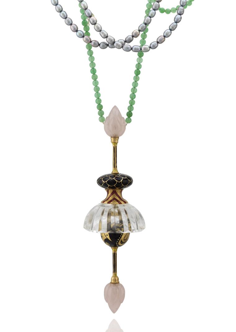 Alice Cicolini Jodhpur Shinkara Pendant made with vitreous enamel, hand-carved Brazilian rose quartz and crystal, freshwater pearls, sapphire, fine Australian chrysoprase and gold beads.