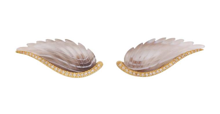 Noor Fares yellow gold earrings from the Fly Me to the Moon collection featuring agate carved wings set with brown diamonds.