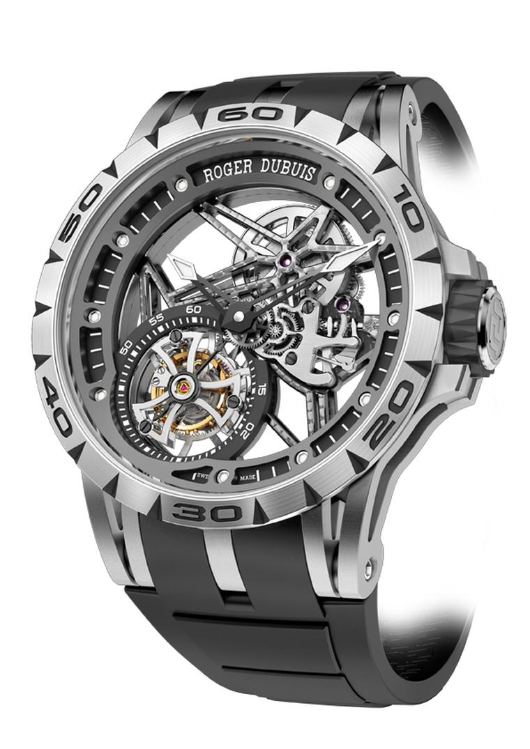Roger Dubuis Excalibur Spider Skeleton Flying Tourbillon is housed in a large 45mm titanium case, chosen because of its lightweight properties, and features a hand-wound movement to keep the flying tourbillon spinning and the hours, minutes and seconds ti