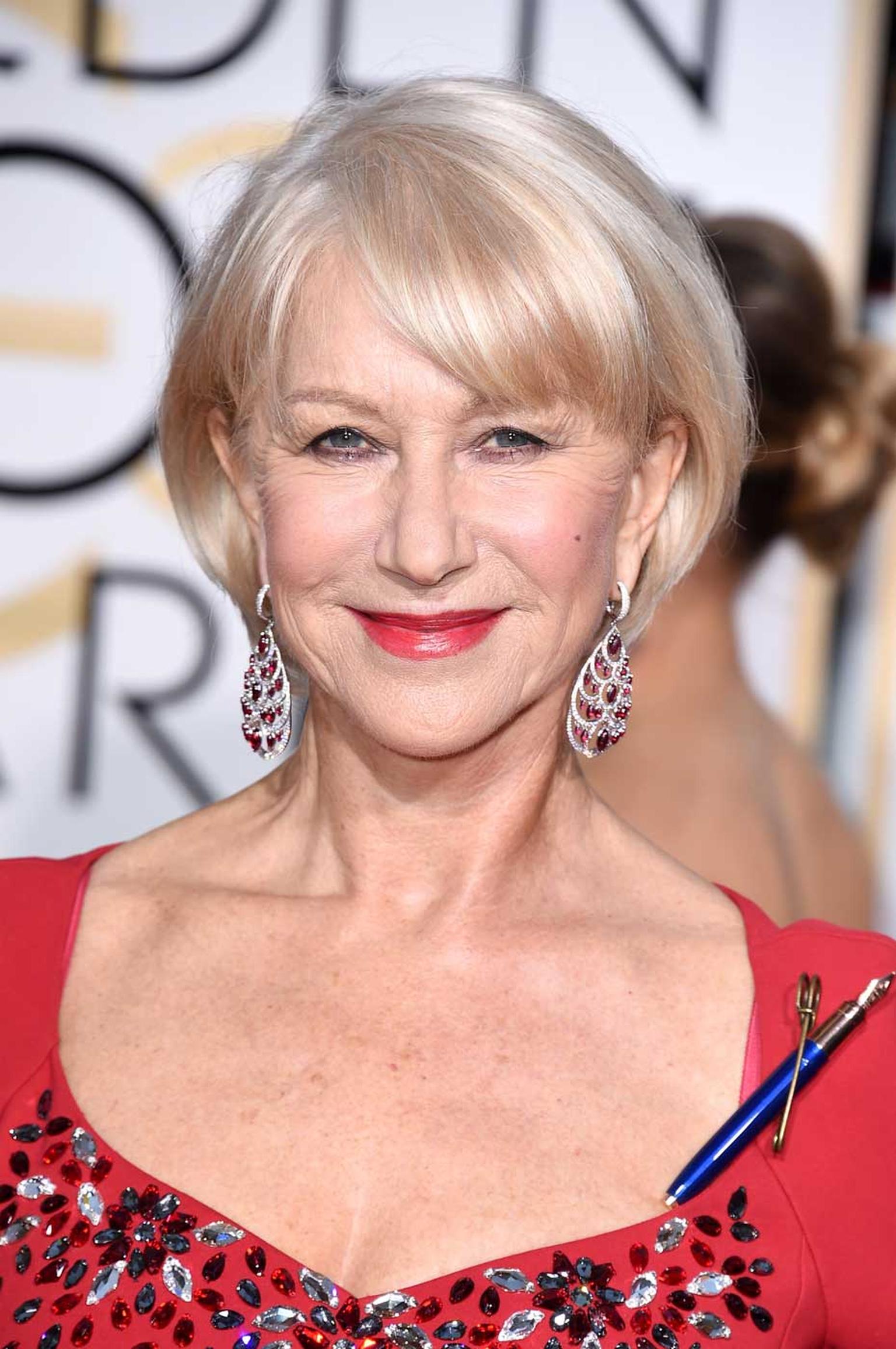 Nominated for Best Actress in a Motion Picture, Britain's Helen Mirren wore Chopard Red Carpet Collection earrings at the 2015 Golden Globe Awards.