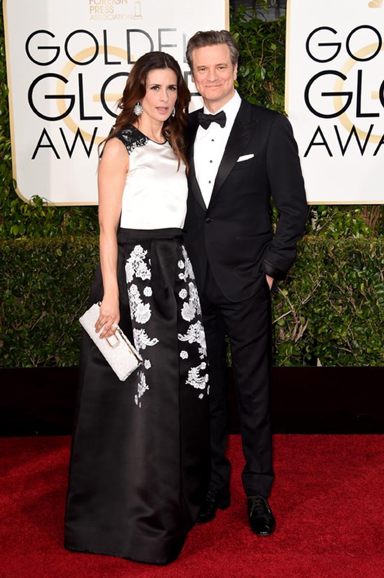 British actor Colin Firth wore an elegant Chopard L.U.C XPS watch in white gold with a black dial to the Golden Globe Awards 2015. Pictured here with his wife Olivia Firth.