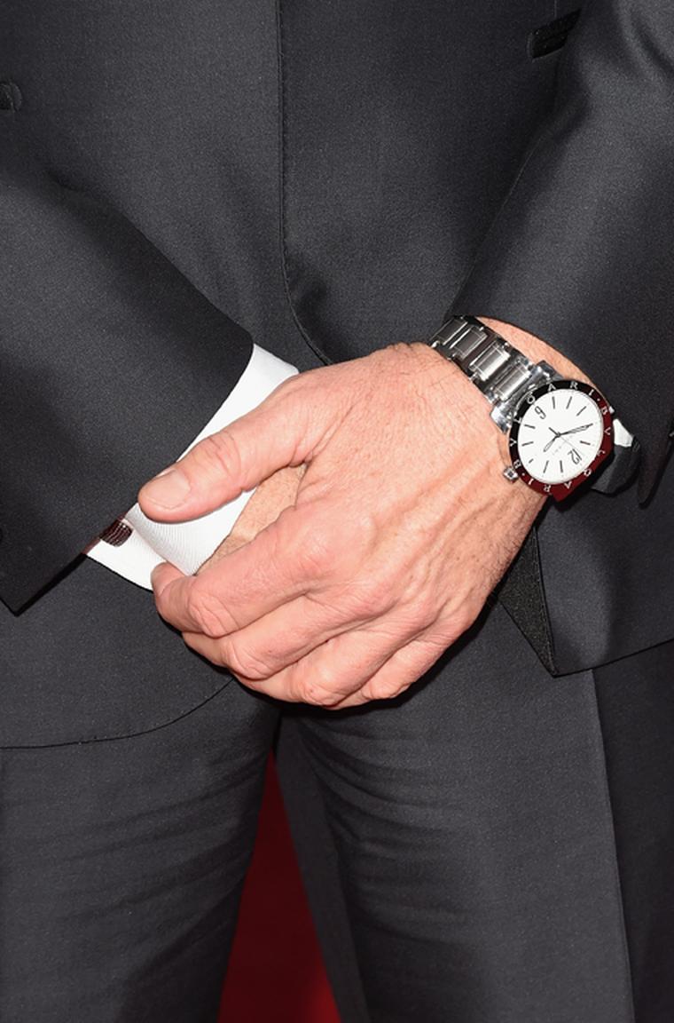 Michael Keaton wearing the Bulgari Bulgari Solotempo watch. This Solotempo model comes in a 41mm stainless steel case and has hours, minutes, central seconds and a date window with a white lacquered dial. (Getty Images)