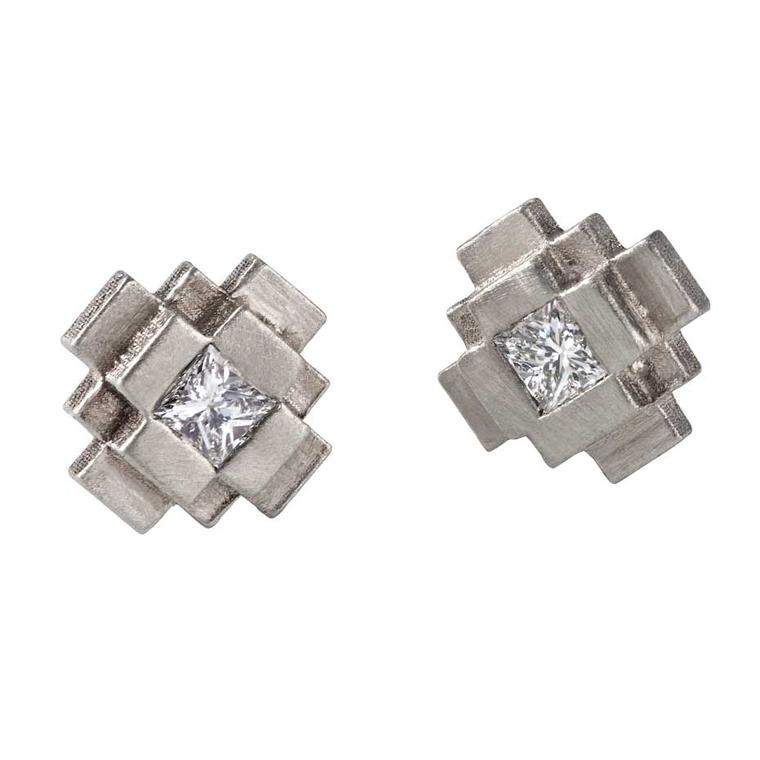 Baptiste Monvoisin Pixel earrings with princess-cut diamonds in sandblasted white gold.