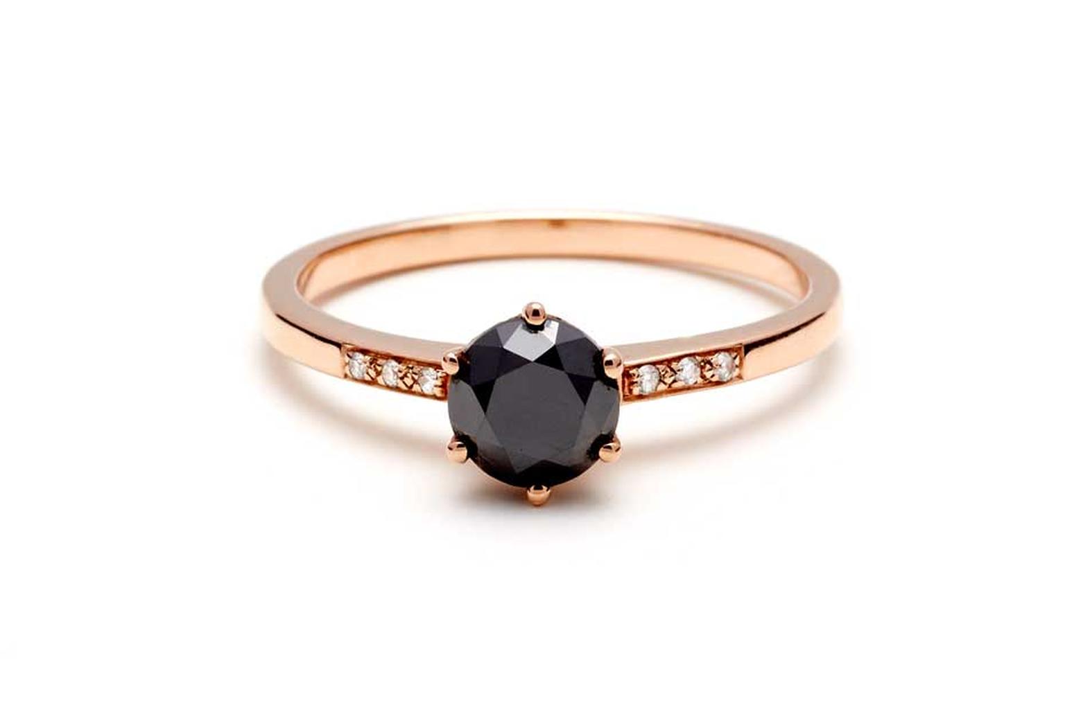 Anna Sheffield Hazeline rose gold engagement ring, set with a 1.0ct black diamond and white diamond accents.