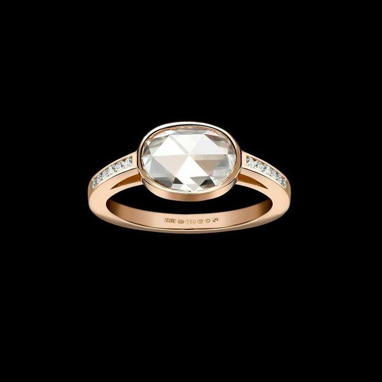 Bespoke Hattie Rickards rose gold engagement ring, set with a rose-cut oval diamond and pavé diamonds.