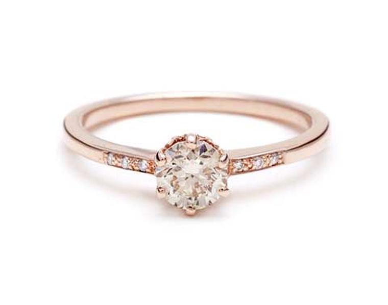Anna Sheffield Hazeline rose gold engagement ring, set with a 1.0ct white diamond and white diamond accents.