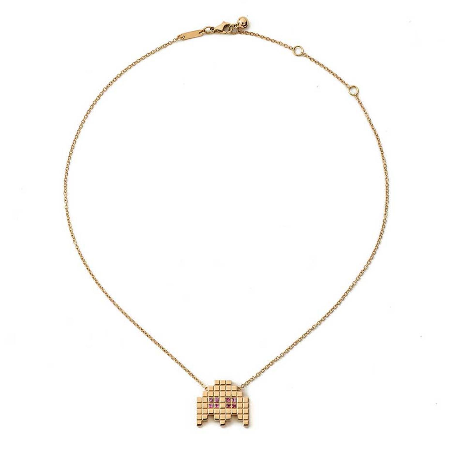 Francesca Grima Invader II necklace in polished yellow gold and princess-cut pink sapphires.