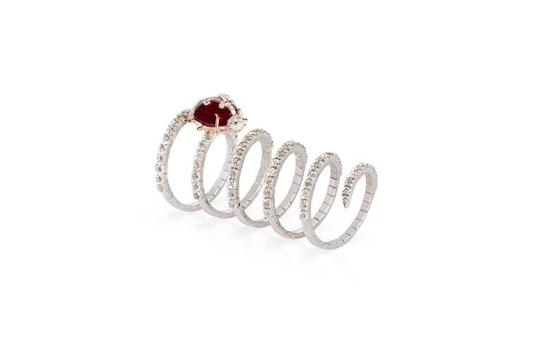 The adorable ruby Ladybug ring in 18ct gold with diamonds from Gismondi's Twirl collection.