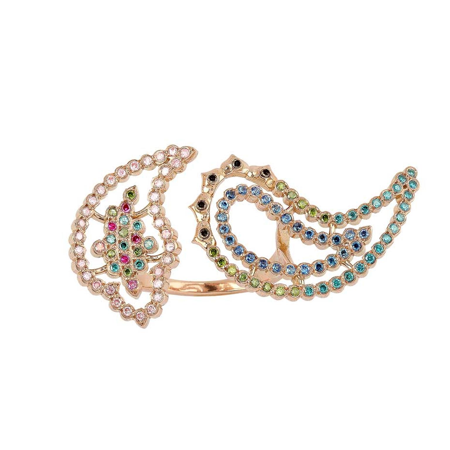 Lito Hedy Lamarr ring in pink gold with coloured diamonds and blue sapphires from the Wonderland collection.